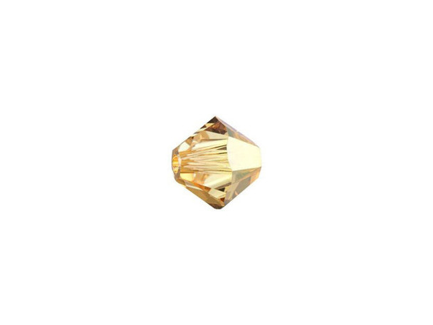 Adorn designs with the gleaming glow of the PRESTIGE Crystal Components 5328 6mm Bicone in Crystal Metallic Sunshine. This bead features the popular Bicone shape that tapers at both ends, much like a diamond. The multiple facets cut into the surface of the crystal create a sparkling effect that is sure to catch the eye. This versatile bead can be used in necklaces, bracelets and earrings alike. This versatile bead will work anywhere. This crystal features a semi-transparent classic gold shade. In some cases, a slight pink hue can appear due to the layer composition of the effect. Please note that this effect is not plating resistant.Sold in increments of 12
