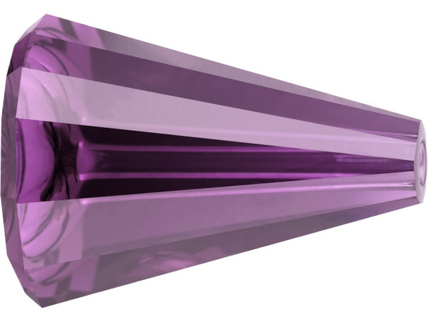 With its conical shape and long triangular facets, this 17mm amethyst Artemis bead is bound to give you inspiration for new ideas. You can mix it with blue PRESTIGE Crystal Components pearls, silver, or black agate. Each crystal bead has a beveled hole at the broader end that allows a round bead to nestle against it. Try using this innovative component to frame a round bead in a necklace or bracelet design.