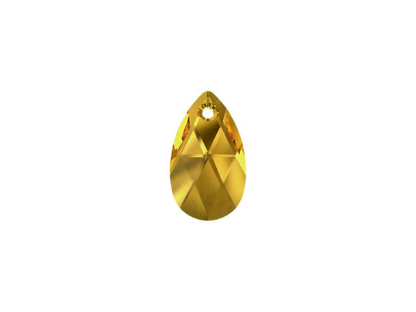 You'll love creating luxurious looks with this golden topaz PRESTIGE Crystal Components pendant. This lovely pendant features a simple pear shape and is covered in precise-cut facets that sparkle brilliantly. The teardrop-like shape will add sophistication to any necklace design and the Austrian crystal will glitter like no other. Use it with a bail to ensure your pendant hangs straight and even.