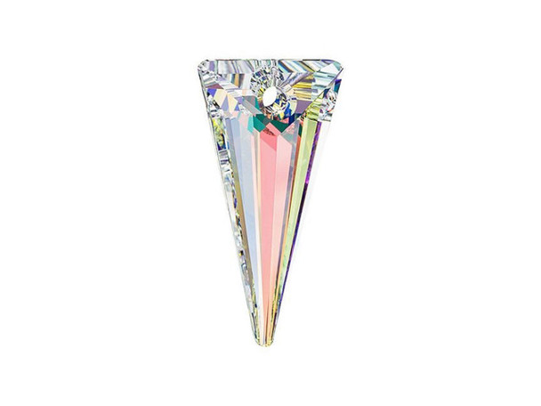 Light up your designs with the colorful sparkle of the PRESTIGE Crystal Components 6480 39mm spike pendant in Crystal AB. This pendant features a geometric triangular shape can be used in anything from classy jewelry sets to spiky glam rock pieces. You can pair it with leather, chain, pearls and more. It's sure to dress up any look with cool sparkle. Everyone will notice this pendant in your designs, thanks to its eye-catching size. This pendant is clear in color and features a beautiful iridescent feature.
