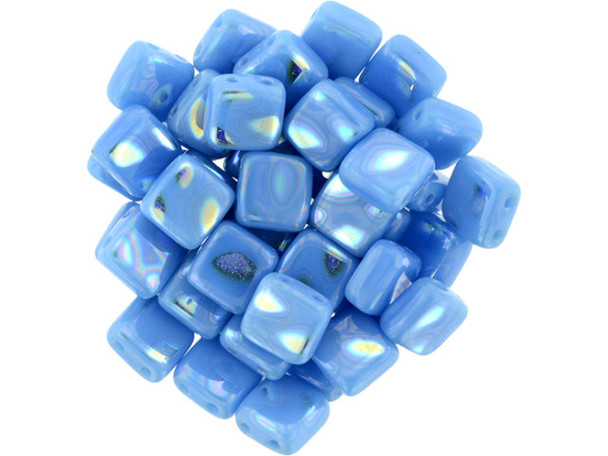 CzechMates Glass 6mm Peacock Milky Baby Blue Two-Hole Tile Bead Strand