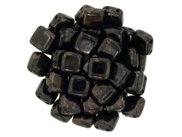 CzechMates Glass 6mm Jet Marbled Dark Bronze Two-Hole Tile Bead Strand