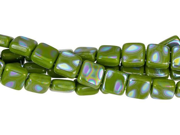 CzechMates Glass 6mm Peacock Opaque Olive Two-Hole Tile Bead Strand