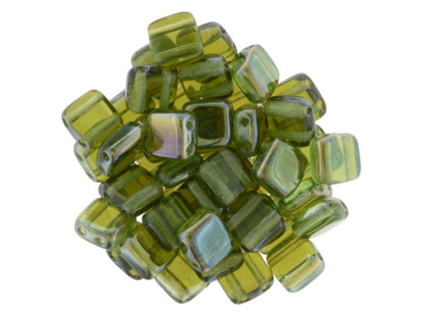 CzechMates Glass 6mm Prairie Green Celsian Two-Hole Tile Bead Strand