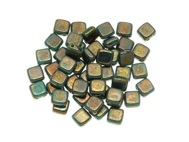 CzechMates Glass 2-Hole Square Tile Beads 6mm 'Bronze Picasso / Turquoise'