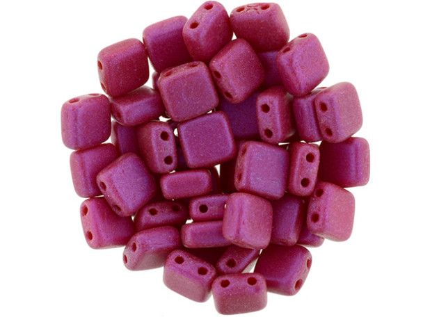 CzechMates Glass 6mm Opalescent Neon Pink Two-Hole Tile Bead Strand