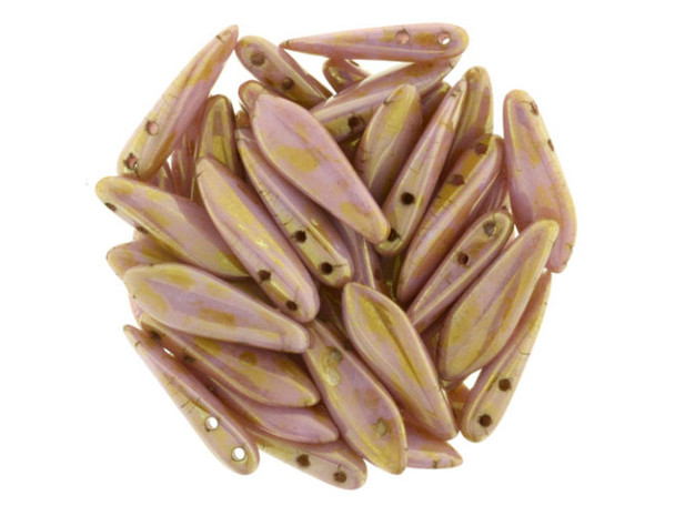 CzechMates Glass 2-Hole Dagger Beads 16x5mm - Opaque Rose Luster / Gold Topaz