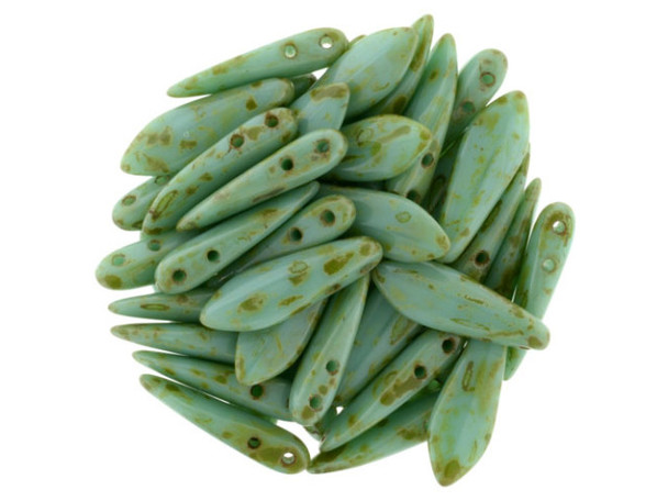 CzechMates Glass 2-Hole Dagger Spear Beads 16x5mm - Opaque Turquoise Picasso