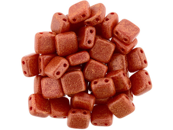 CzechMates Glass 6mm Red Antique Shimmer Two-Hole Tile Bead Strand