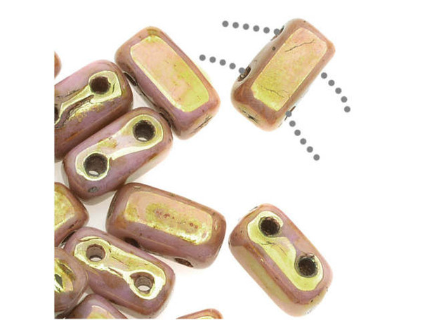 CzechMates Glass 2-Hole Brick Beads 6x3mm - Opaque Rose Luster / Gold Topaz