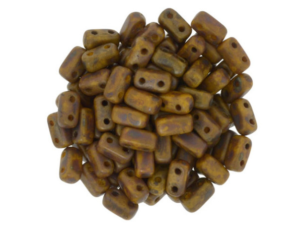 CzechMates Glass 3 x 6mm Sunflower Yellow Copper Picasso 2-Hole Brick Bead Strand