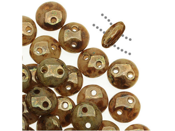 Bring a unique element to your jewelry designs with these CzechMates Lentil beads. These beads feature a puffed disc or lentil shape with two stringing holes. It's a great option for bead weaving, stringing and embroidery. These pressed Czech glass beads are softly rounded, so they won't cut your thread. They are sure to add stability, definition and shape to designs. These beads feature a light brown color with hints of coppery gold and mottled patterns in darker brown. 
