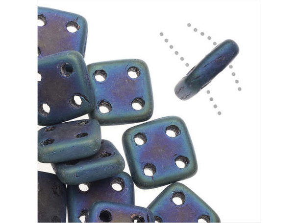 CzechMates Glass, QuadraTile 4-Hole Square Beads 6mm, Matte Blue Iris