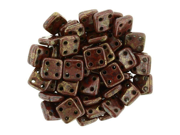 CzechMates Glass 6mm 4-Hole Opaque Red Bronze Picasso QuadraTile Bead 2.5-Inch Tube