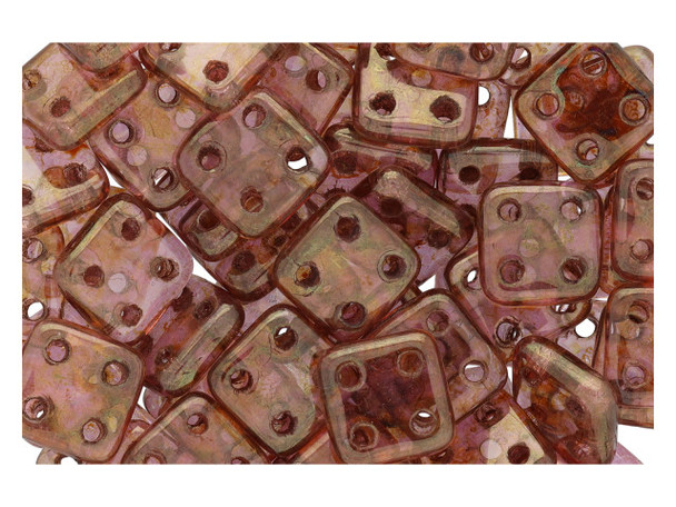 Czechmate 6mm Square Glass Czech Two Hole Tile Bead, Luster Rose/Gold