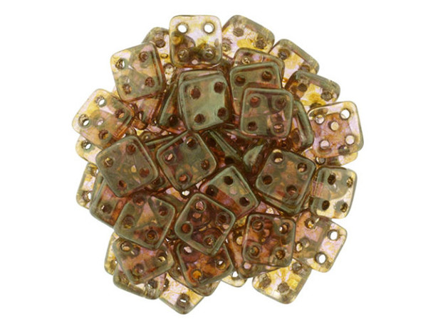 CzechMates Glass, QuadraTile 4-Hole Square Beads 6mm, Rose / Gold Topaz Luster