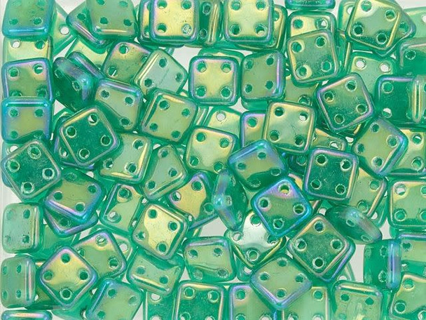 CzechMates Glass 6mm 4-Hole Luster Iris Atlantis Green QuadraTile Bead 2.5-Inch Tube