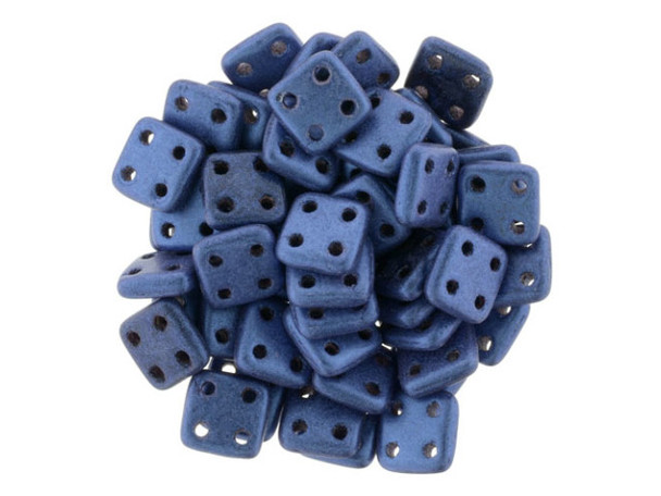 CzechMates Glass, QuadraTile 4-Hole Square Beads 6mm, Metallic Blue Suede