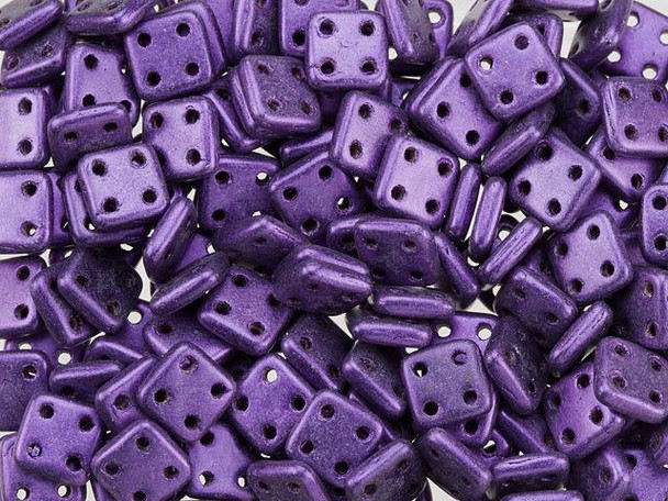 Put a colorful twist on your designs with the CzechMates glass 6mm four-hole metallic purple suede QuadraTile beads. These thin square-shaped beads feature rounded corners and a stringing hole in each of the four corners. You can add these beads to designs in unique ways. Stack and layer them, use them in multi-strand designs, add them to bead embroidery and more. There are so many possibilities with these little squares. They feature metallic purple color with a soft sheen. 
