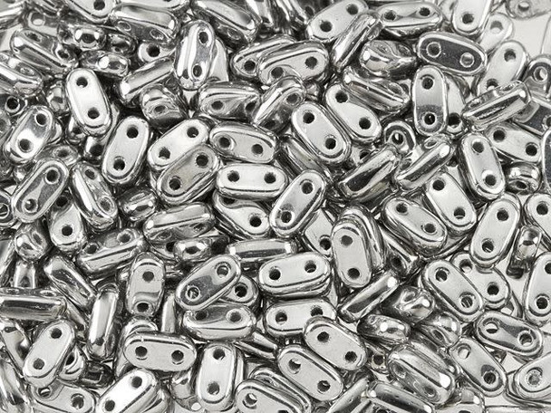 Put a gleam in your designs with the CzechMates glass 3x6mm 2-hole silver bar beads. These flat, oval bar-shaped beads feature two stringing holes running through it. It's the perfect match for CzechMates QuadraTile beads. Stack and layer them in designs, add them to multi-strand projects, use them in bead embroidery and more. There are so many possibilities for these little beads. They feature a metallic silver shine. 