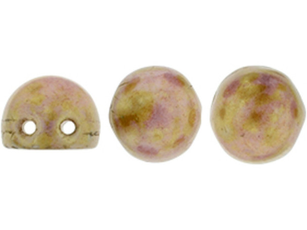 CzechMates Glass, 2-Hole Round Cabochon Beads 7mm Diameter, Opaque Rose / Gold Topaz Luster