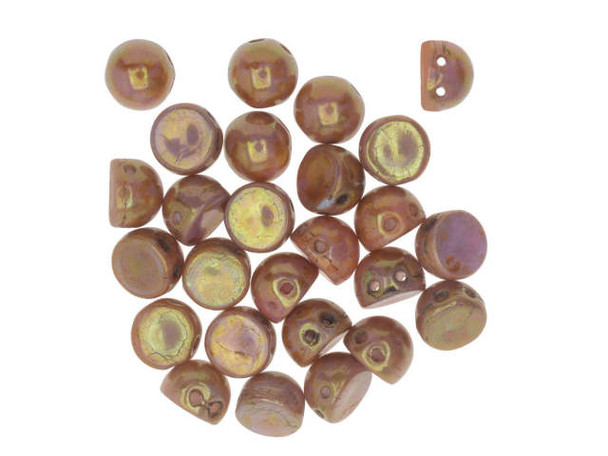 CzechMates Glass, 2-Hole Round Cabochon Beads 7mm Diameter, Opaque Rose / Gold Topaz Luster