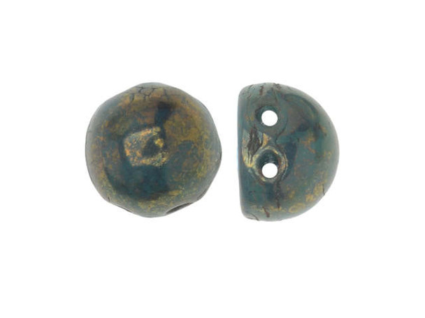 You'll love the captivating look of these CzechMates cabochon beads. These beads feature a round domed shape with a flat back, much like that of a cabochon. Two stringing holes run close to the flat bottom of the dome, so these beads will stand out in your jewelry-making designs. Use them in multi-strand projects or add them to your bead weaving for eye-catching dimensional effects. They'll work nicely with other CzechMates beads. They feature dark turquoise green color with a marbled golden bronze finish. 