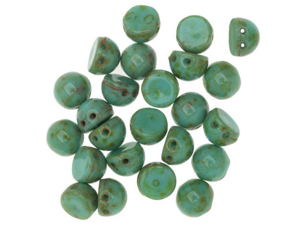 CzechMates Glass, 2-Hole Round Cabochon Beads 7mm Diameter, Opaque Turquoise Picasso