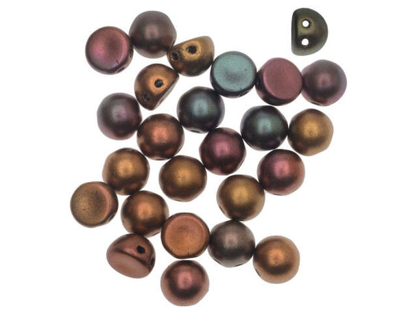 CzechMates Glass, 2-Hole Round Cabochon Beads 7mm Diameter, Matte Metallic Bronze Iris