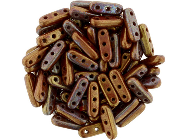 CzechMates Glass, 3-Hole Beam Beads 10x3.5mm, Bronze Iris Luster / Opaque Red