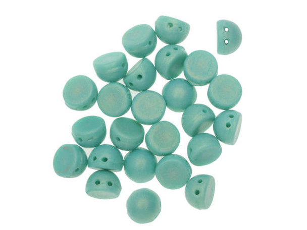 CzechMates Glass, 2-Hole Round Cabochon Beads 7mm Diameter, Sueded Gold Turquoise