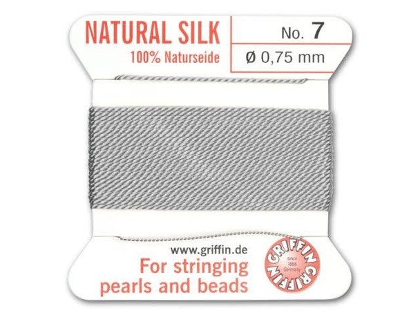 For a neutral but classy stringing material, try this grey .75mm Griffin bead cord. The cord is 100% silk and is made from high-grade natural silk filament. The cord is approximately 79 inches long and comes pre-threaded onto a flexible stainless steel needle. Griffin uses a specific manufacturing process for their silk cord that puts just the right amount of tension on the thread and avoids tangling and knotting.
