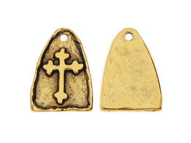 Add a regal look to designs with the Nunn Design gold-plated pewter cross arch charm. This arch-shaped charm is decorated with a raised design of a cross. It features a medieval style that will add interest to designs. The back of the charm is plain, but features a hammered texture to match the style of the front. A stringing hole is drilled through the top, so you can easily add it to designs. It would make a lovely small pendant. It features a regal golden shine. Hole Size 1.6mm/14 gauge, Length 22mm, Width 16mm