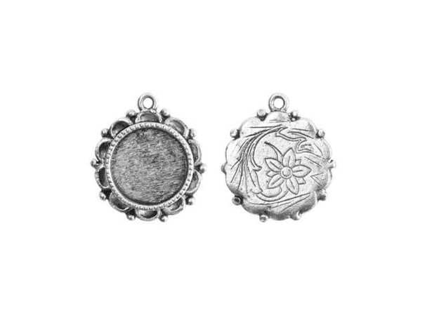 Liven up designs with custom details using the Nunn Design antique silver-plated pewter mini ornate circle bezel charm. This charm features a circular shape and a recessed bezel framed by ornate details. Flower petal shapes surround the bezel, a perfect complement to the back of the charm, which is decorated with a swirling floral pattern stamped into the surface. Fill this bezel with resin, epoxy clay or other mixed media elements. This charm displays a silver shine versatile enough to use with any color palette. Hole Size 1.3mm/16 gauge, Length 22mm, Width 19.5-20mm