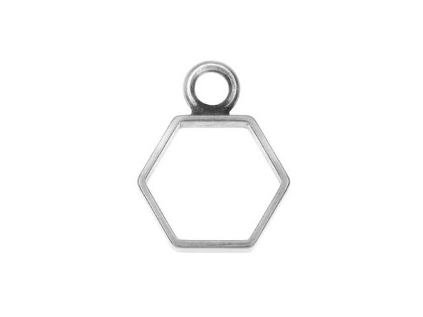 Let unique style fill your projects with the Nunn Design antique silver-plated pewter mini polygon open frame charm. This charm features a six-sided frame shape. You can wire wrap beads around the frame or across the frame. Add dangles for a unique look. It would make a cute small pendant, or you can add it to earrings and bracelets. A loop is attached to the top, so you can easily add it to designs. It features a versatile silver shine. Hole Size 2.6mm/10 gauge, Length 18.5mm, Opening Length 11mm, Opening Width 12.5mm, Width 14.5mm