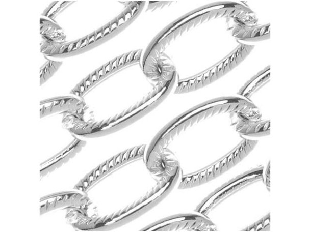 Start your next design with this Silver Plated Brass Cable Chain from Nunn Design. This chain features lightweight oval links that have texture on the inside of each link. The plating and finishes are designed to match all Patera findings. Measurements: Chain is 6.2mm wide. Each link is approximately 9.2mm long. The wire making up each link is 1.3mm thick (15 gauge).