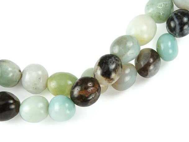 You'll love the fun style of the Dakota Stones 8x10mm black-gold Amazonite tumble nugget beads. Available by the strand, these beads feature a round shape with an organic look, like that of river rocks. They are versatile in size, so they can be used in necklaces, bracelets and earrings. They feature beachy colors like mint green, turquoise blue and sandy brown. Black gold Amazonite contains Amazonite, Tourmaline and pyrite all in one light blue and black stone. Metaphysical Properties: Black gold Amazonite is often used to become a better communicator. It is also said to stop fearful feelings during confrontation or when reflecting on painful memories.Because gemstones are natural materials, appearances may vary from piece to piece. Each strand includes approximately 14 beads.Length 8-10mm, Width 8-9mm