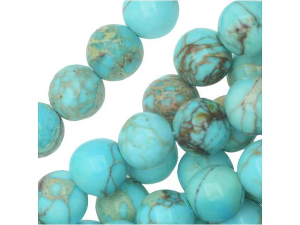 Be bright in your style with these Dakota Stones impression jasper beads. These gemstone beads are perfectly round in shape, so they will work in a variety of designs. They are versatile in size, too. Use them in necklaces, bracelets, and earrings. Impression jasper comes in a variety of colors. These beads have been dyed a bright aqua blue color, which creates a striking contrast with the tan and crimson matrix colors. Metaphysical properties: Impression Jasper is used to find clarity and inner peace.Please note that these beads are made from composite gemstones. Because gemstones are natural materials, appearances may vary from piece to piece. Each strand includes approximately 34 beads.