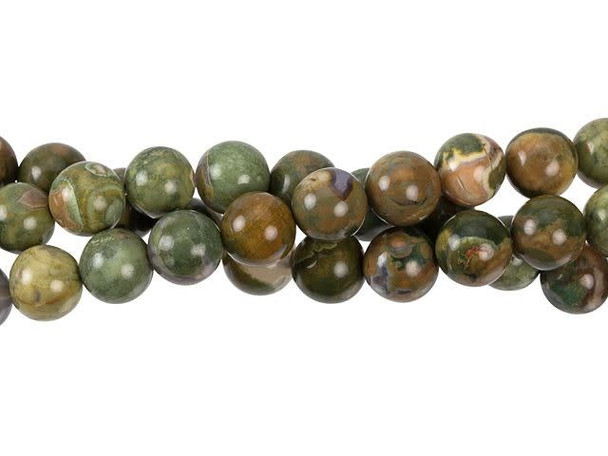 Give your designs accents of earth colors with these gemstone beads. These beads are perfectly round in shape, giving you classic style for all kinds of design options. They are also versatile in size, so you can use them in necklaces, bracelets, and even earrings. These rhyolite beads feature swirls of sage, olive, cream, and brown colors, perfect for adding woodland beauty to any style. Rhyolite was named "streaming rock" because of its beautiful bands, bubbles, and crystal-rich layers that form as lava flows onto the surface of the stone. Metaphysical Properties: Rhyolite shows us how to relish in the vast potential within ourselves. This is a stone used for meditation, progression in life, focusing on the present moment and for resolving issues not yet complete.Because gemstones are natural materials, appearances may vary from bead to bead. Each strand includes approximately 34 beads.