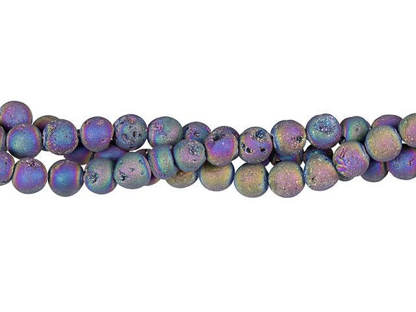 Colorful style can be yours with these Dakota Stones gemstone beads. These beads feature a classic round shape that will work in a variety of designs. The surface of each bead is smooth, but some feature open crevices that reveal the sparkling druzy within. Druzy is a coating of fine crystals on a rock fractured surface, vein, or within a geode. These beads feature a wonderful rainbow of purple, blue, green, and gold colors. They are versatile in size, so you can use them in necklaces, bracelets, and earrings.Because gemstones are natural materials, appearances may vary from bead to bead. Each strand includes approximately 63 beads.