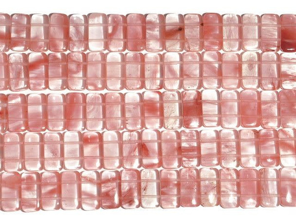 Let subtle feminine color grace your designs with the Dakota Stones cherry quartz 10x20mm double drill beads. Available by the strand, these rectangular beads feature two stringing holes drilled through the sides and a salmon pink color. These beads are perfect for use in watch in bands. Cherry quartz is a beautiful man-made glass. It is made from glass melted in a furnace and then combined with a coloring agent to produce the swirling inclusions that give it such a unique look. The glass is then cooled, cut and polished like a gemstone. Metaphysical Properties: Typically used as a balancing stone, cherry quartz brings hope and relief from anxiety.Because gemstones are natural materials, appearances may vary from piece to piece. Each strand includes approximately 20 beads. 