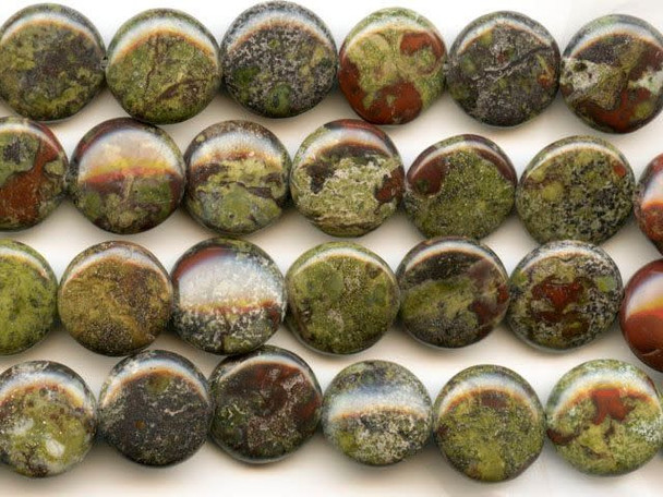 Deep dramatic red pools over the forest green colors of these dragon blood jasper 12mm coin beads from Dakota Stones. These circular coin-shaped beads feature mottled green colors mixed with crimson splashes of color. The two primary colors contrast and complement each other to form striking jasper. Mined only in western Australia, the local legend surrounding this gemstone says that it is the remains of ancient dragons long dead, the green mottles representing the dragons' scales and the red matrix representing spatters of blood. Dragon blood jasper is part of the quartz family. Metaphysical Properties: Dragon blood jasper enhances courage, strength and vitality.Because gemstones are natural materials, appearances may vary from bead to bead. Each strand includes approximately 16 beads.