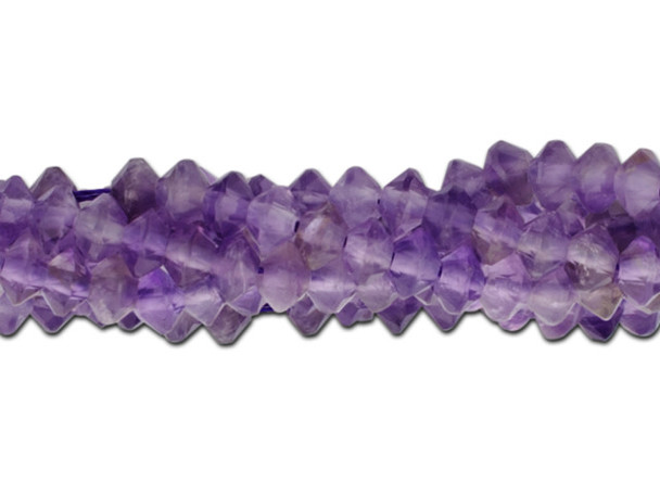 Accent your designs with the gemstone glitter of these Dakota Stones diamond cut faceted saucer beads. These beads feature a saucer shape with facets that catch the light for extra shine. Their small size makes them work great as spacers, or to add a pop of color to your design. Amethyst is the official birthstone of February. It forms in silica-rich liquids deposited in geodes and is generally found in clusters of crystal points. Metaphysical Properties: This stone's name is derived from the Greek word "amethystos", meaning "not drunken." People of ancient times believed it to protect the wearer from drunkenness. Today, this gemstone is believed to promote happiness. Because gemstones are natural materials, appearances may vary from piece to piece. Dimensions: 3 x 4mm, Hole Size: 0.8mm