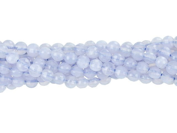 Elegance shines in these Dakota Stones blue lace agate beads. These small gemstone beads feature a circular shape with a puffed edge and a checkerboard faceted face. The surface catches the light in a multitude of directions. The stringing hole is wide enough to use with 20 gauge wire. Use these small beads as accents of color and shine in all kinds of jewelry projects. They feature stripes of snowy white and sky blue color. They are a great representation of both chilly mountain air and a refreshing summer breeze.Because gemstones are natural materials, appearances may vary from piece to piece. Each strand includes approximately 99 beads.