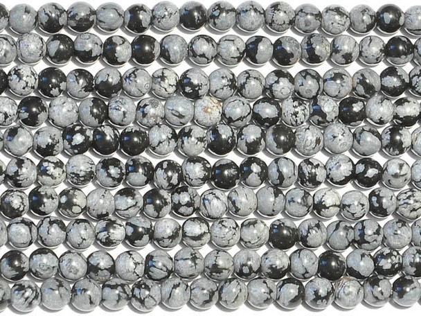 Add a sleek combination of colors to your designs with these snowflake obsidian 4mm round beads from Dakota Stones. Available by the strand, these beads feature black color accented by inclusions of small, white clustered crystals that produce a blotchy or snowflake pattern. These beads feature a rounded shape and a small size. Use them as spacers in your next project. Snowflake obsidian is a naturally occurring volcanic glass. Metaphysical Properties: Known as the "Stone of the Self," snowflake obsidian balances the mind, body and soul. It combats mental, physical and emotional attacks.Because gemstones are natural materials, appearances may vary from bead to bead. Each strand includes approximately 52 beads.