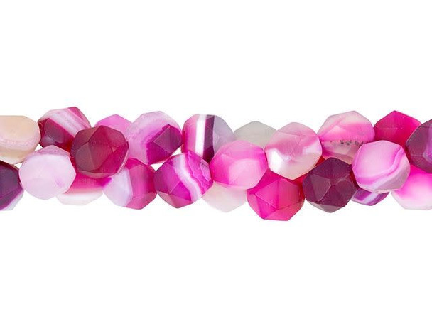 Refreshing style fills these Dakota Stones gemstone beads. These gemstone beads feature a round shape with a star cut filled with triangular facets. With 20 facets, a star cut gemstone enhances even the most intense colors. It makes a great complement to PRESTIGE bicones and you can try it in wire-wrapping projects, too. You'll love using these versatile beads in necklaces, bracelets, and even earrings. These beads feature beautiful hues of pink, from deep fuchsia to pale rose. You'll love the matte finish. This gemstone features a distinctive, high-contrast banding throughout the stone. Metaphysical Properties: Sardonyx is believed by some to improve memory and increase analytical skills. Because gemstones are natural materials, appearances may vary from piece to piece. Each strand includes approximately 63 beads. These stones have been dyed to produce vibrant color and pattern.