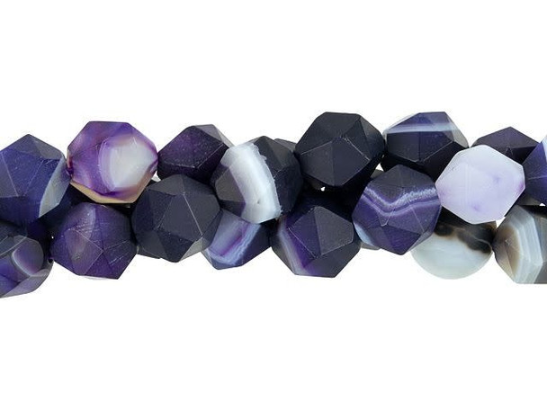 Enchanting style fills these Dakota Stones beads. These gemstone beads feature a round shape with a star cut filled with triangular facets. With 20 facets, a star cut gemstone enhances even the most intense colors. It makes a great complement to PRESTIGE bicones and you can try it in wire-wrapping projects, too. Use these beads in matching jewelry sets. These beads feature purple and white colors. You'll love the matte finish. This gemstone features a distinctive, high-contrast banding throughout the stone. Metaphysical Properties: Sardonyx is believed by some to improve memory and increase analytical skills. Because gemstones are natural materials, appearances may vary from bead to bead. Each strand includes approximately 48 beads. These stones have been dyed to produce vibrant color and pattern.
