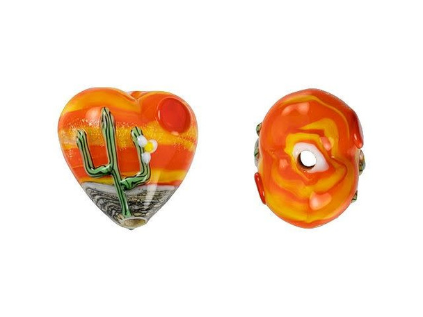 Bring the warmth of a Southwest sunset to your DIY jewelry creations with the Grace Lampwork Cactus Sunset Heart Focal Bead. Handmade with love, this glass heart-shaped bead boasts a raised design of a green cactus in the desert, with a vibrant red sun and stunning orange and yellow sky in the background. Whether it's used as a pendant or strung into designs, this versatile focal bead is perfect for summer styles and will beautifully showcase your love for nature. Make every creation a work of art with the Grace Lampwork Cactus Sunset Heart Focal Bead.