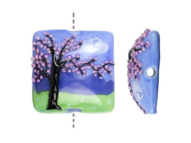 Celebrate spring with this Grace Lampwork bead. This bead features a square shape with a domed front. The front is decorated with a cherry tree full of pink blossoms. Green grass and a blue sky background add even more beauty to this bead. The back is flat and undecorated. Use this bead as a pendant by sliding it onto a head pin or try it at the center of bead embroidery. It will bring cheerful elegance however you use it. This item is handmade, so appearances may vary.Hole Size 2.6mm/10 gauge, Length 26mm, Width 26mm