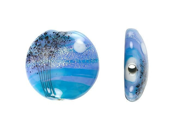 Celebrate an enchanted evening with this Grace Lampwork bead. This bead features a circular lentil shape with a domed front. The front is decorated with tall trees and a full moon on a swirling blue background. Silver glitter adds to the magic. The back of the bead is flat and undecorated. You can use this bead as a pendant by stringing it onto a head pin or try it at the center of a bead embroidery project. It will add magic anywhere. This item is handmade, so appearances may vary.